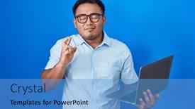  Presentation with hope - PPT theme enhanced with chinese-young-man-using-computer background and a teal colored foreground