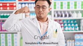  Presentation with pharmacy - PPT theme enhanced with chinese-young-man-working background and a  colored foreground