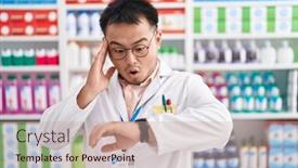  Presentation with pharmacy - PPT layouts featuring chinese-young-man-working background and a coral colored foreground