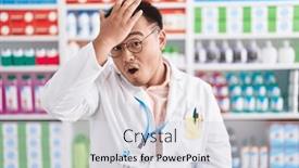  Presentation with pharmacy - PPT theme consisting of chinese-young-man-working background and a light gray colored foreground