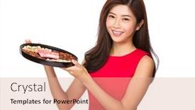  Presentation with chinese new year lunar - Slide deck with chinese young woman hold with snack tray for lunar new year background and a coral colored foreground