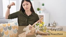  Presentation with white flowers - PPT layouts enhanced with chinese-young-woman-holding-bouquet background and a coral colored foreground