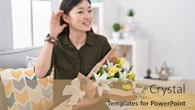  Presentation with hand holding flowers - PPT theme having chinese-young-woman-holding-bouquet background and a coral colored foreground