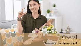  Presentation with hand holding flowers - PPT layouts having chinese-young-woman-holding-bouquet background and a coral colored foreground