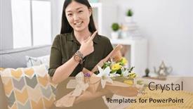  Presentation with hand holding flowers - Presentation theme featuring chinese-young-woman-holding-bouquet background and a coral colored foreground