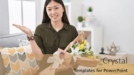  Presentation with hand holding flowers - Presentation design having chinese-young-woman-holding-bouquet background and a coral colored foreground