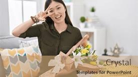  Presentation with peace - Presentation theme featuring chinese-young-woman-holding-bouquet background and a coral colored foreground