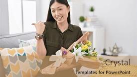  Presentation with hand holding flowers - PPT theme having chinese-young-woman-holding-bouquet background and a coral colored foreground