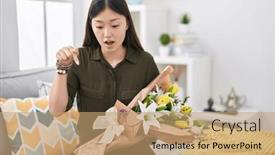  Presentation with advertisement - Slide set with chinese-young-woman-holding-bouquet background and a coral colored foreground
