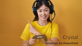  Presentation with video game - Presentation enhanced with chinese-young-woman-playing-video background and a gold colored foreground