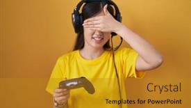  Presentation with video game - Slide set having chinese-young-woman-playing-video background and a gold colored foreground