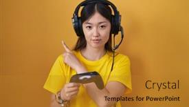  Presentation with video game - Presentation having chinese-young-woman-playing-video background and a gold colored foreground