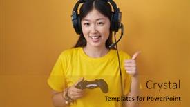  Presentation with controller - Slide set enhanced with chinese-young-woman-playing-video background and a gold colored foreground