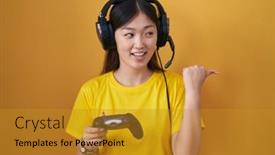  Presentation with controller - PPT theme having chinese-young-woman-playing-video background and a gold colored foreground