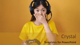  Presentation with controller - Slide deck enhanced with chinese-young-woman-playing-video background and a gold colored foreground