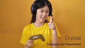  Presentation with controller - Slides featuring chinese-young-woman-playing-video background and a  colored foreground