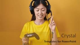  Presentation with controller - Presentation design with chinese-young-woman-playing-video background and a gold colored foreground