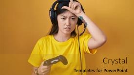  Presentation with controller - PPT theme enhanced with chinese-young-woman-playing-video background and a gold colored foreground