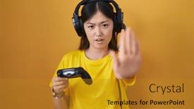  Presentation with controller - PPT theme consisting of chinese-young-woman-playing-video background and a gold colored foreground