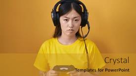  Presentation with controller - Slide deck enhanced with chinese-young-woman-playing-video background and a gold colored foreground