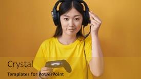  Presentation with video game - Presentation theme with chinese-young-woman-playing-video background and a  colored foreground