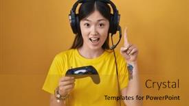  Presentation with controller - PPT layouts consisting of chinese-young-woman-playing-video background and a gold colored foreground