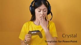  Presentation with video game - Presentation theme featuring chinese-young-woman-playing-video background and a  colored foreground