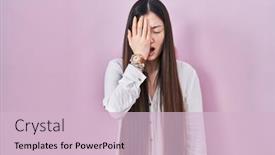  Presentation with face pain - Presentation theme having chinese-young-woman-standing-over background and a  colored foreground