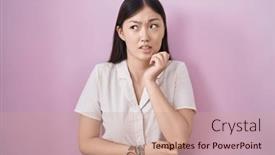  Presentation with pink nails - PPT theme having chinese-young-woman-standing-over background and a coral colored foreground
