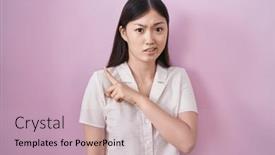  Presentation with forefinger - Slides enhanced with chinese-young-woman-standing-over background and a soft green colored foreground