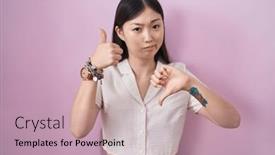  Presentation with conflict - Slide set having chinese-young-woman-standing-over background and a coral colored foreground