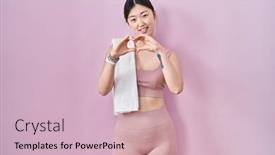  Presentation with heart hands - PPT theme with chinese-young-woman-wearing-sportswear background and a soft green colored foreground