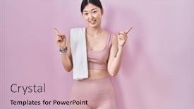  Presentation with advertisement - PPT theme enhanced with chinese-young-woman-wearing-sportswear background and a soft green colored foreground