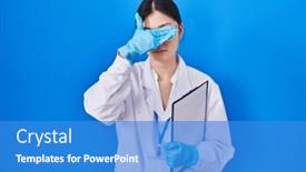  Presentation with woman sad - Presentation theme having chinese-young-woman-working background and a teal colored foreground