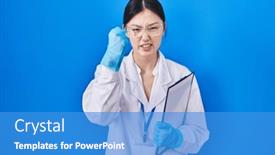  Presentation with mad scientist - PPT theme enhanced with chinese-young-woman-working background and a teal colored foreground