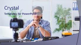  Presentation with computer repair - Beautiful slides featuring chip network - vlogger recording computer repair backdrop and a sky blue colored foreground