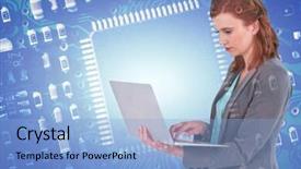  Presentation with computer - Colorful presentation theme enhanced with chipset - businesswoman typing on laptop computer backdrop and a light blue colored foreground