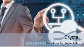  Presentation with blue circuit board solderings - Presentation featuring chipset - midsection of well dressed businessman background and a light blue colored foreground