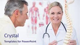  Presentation with chiropractor - Slide set featuring chiropractor - smiling doctor showing her patient background and a sky blue colored foreground