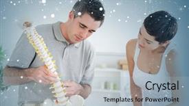  Presentation with chiropractor - Slide set consisting of chiropractor and patient looking at a model of a spine against snow background and a light gray colored foreground