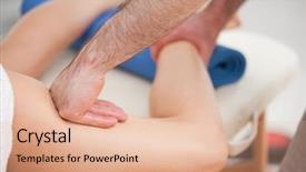  Presentation with chiropractor - Slide deck having chiropractor manipulating the leg of his patient while holding his ankle and his thigh indoors background and a coral colored foreground