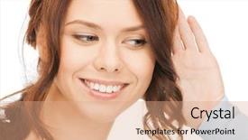  Presentation with listening woman - PPT layouts featuring chit chat - bright picture of happy woman background and a  colored foreground