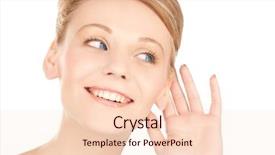  Presentation with chat - Slide set consisting of fashion woman sitting at the desk with computer pc over gray background background and a light gray colored foreground