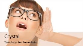  Presentation with listening woman - Amazing PPT theme having chit chat - bright picture of happy woman backdrop and a coral colored foreground