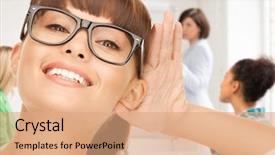  Presentation with listening woman - PPT theme featuring chit chat - education and school - happy background and a coral colored foreground