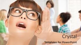  Presentation with listening - Amazing presentation having chit chat - young student girl listening gossip backdrop and a  colored foreground