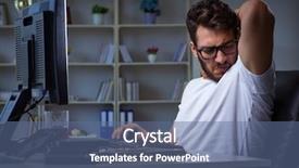  Presentation with office ergonomics man worker exercising - Slide deck having chock - young man staying late background and a ocean colored foreground