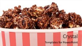  Presentation with popcorn movie - Presentation design enhanced with pop corns movie - chocolate coated popcorn in striped background and a coral colored foreground