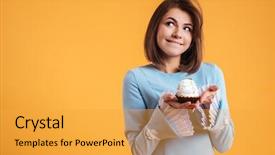  Presentation with cupcake - Theme featuring chocolate - pensive smiling young woman holding background and a yellow colored foreground