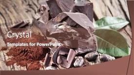  Presentation with cocoa bean - Theme featuring chocolate and cocoa bean over wooden table background and a tawny brown colored foreground